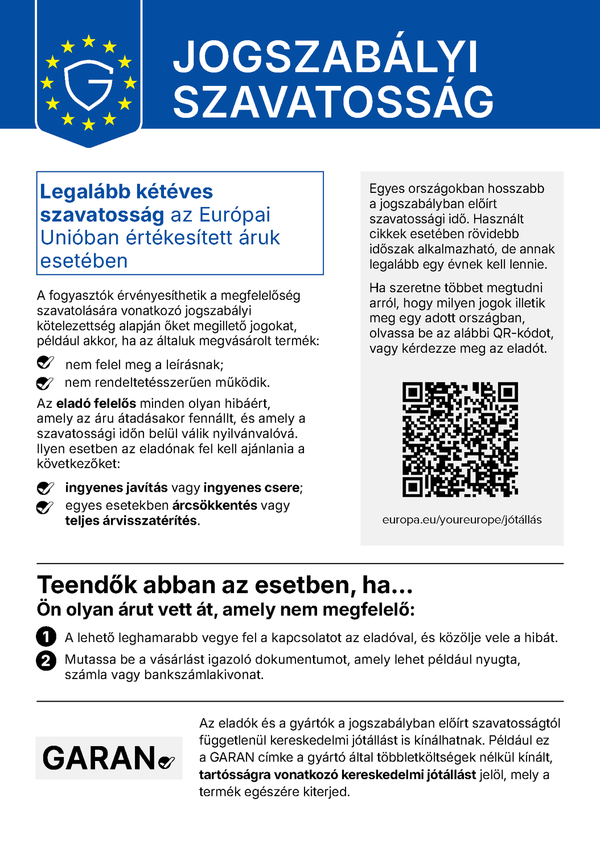Hivatalos uniós tájékoztató a törvényes jótállásról