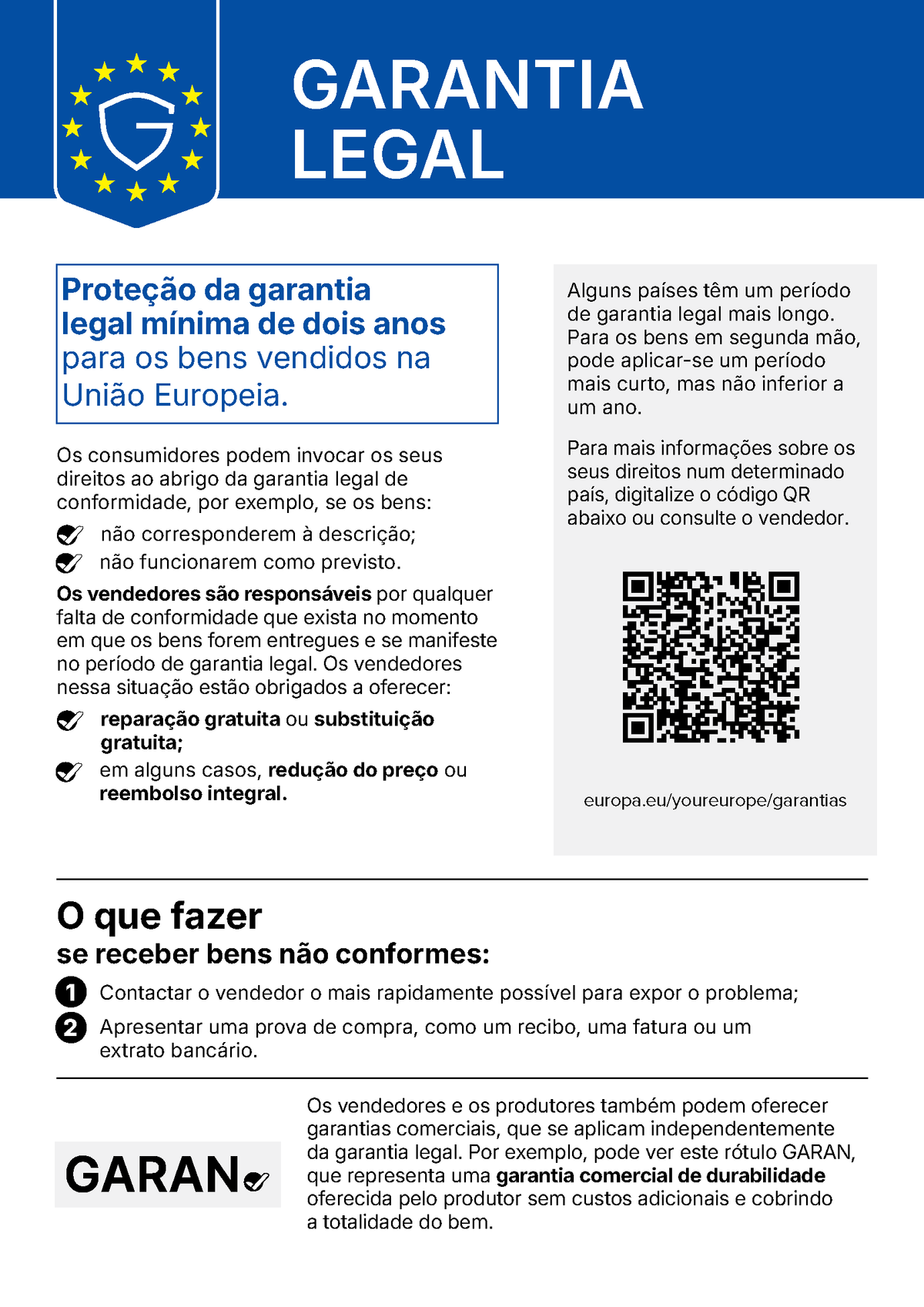 Aviso oficial da UE sobre a garantia legal